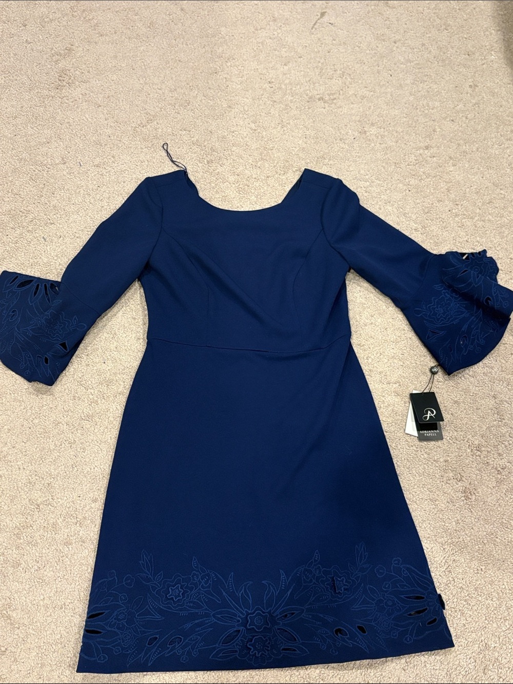 Adrianna Papell Navy Blue bell sleeved  Floral Laser-Cut Dress
